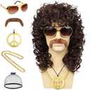 Wallden Hair 70s Mens Brown Wig+Glasses+Golden Chain+Peace Sign Necklace+Mustache+Wig Cap Long Curly Funny Synthetic Wigs for Retro Outfit Men Party Hippies Rocker Costume Cosplay Halloween（6pcs Set）