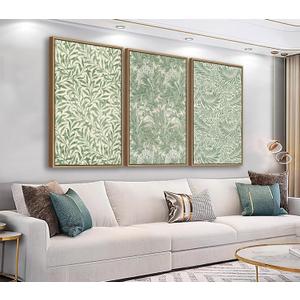 Large Flowers Wall Art for Living Room Natural Wood Float Framed Art Set of 3 William Morris Floral Canvas Pictures Vintage Artwork Green Botanical Leaf Canvas Prints for Bedroom Wall Decor 20"x28"x3
