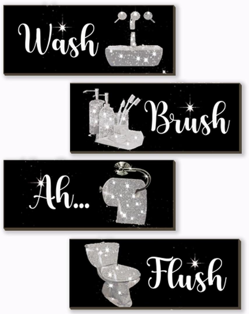 4 Pcs Silver Bathroom Decor Silver And Black Wall Decor Large Wooden Bathroom Accessories Modern Funny Glitter Decoration Set for Home Toilet (14x5.5 Inch)