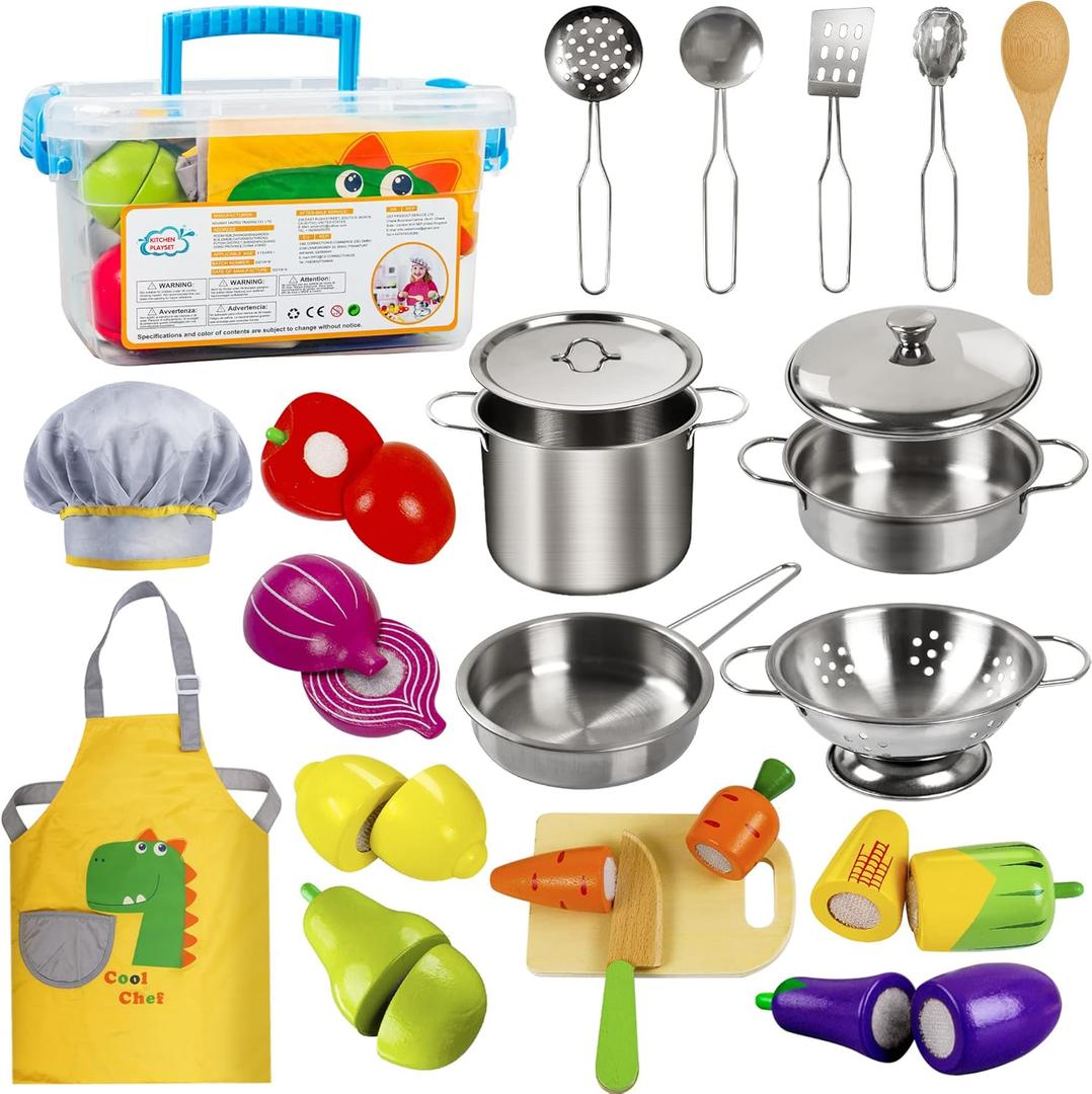 Sundaymot Play Kitchen Accessories, Wooden Play Food, Cooking Set with Stainless Steel Cookware Pots and Pans Utensils, Apron, Chef Hat, Cutting Food Kitchen Playset for Girls and Boys