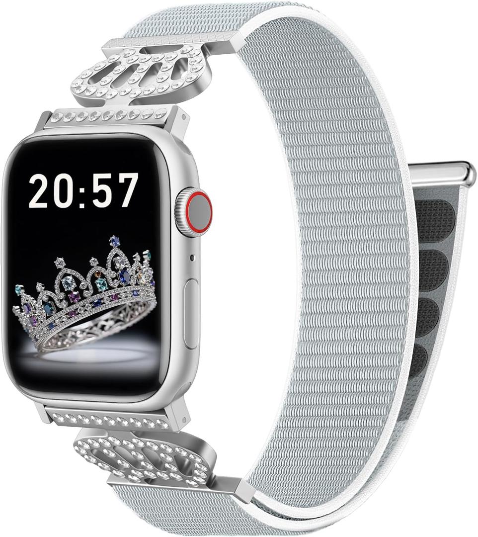 3 x Braided Stretchy Bands with Magnetic Clasp for Apple Watch Band 40mm 38mm 41mm 42mm 44mm 45mm 46mm 49mm, Bling Crown Designer Soft Nylon Sport Solo Loop for iWatch Series 10 9 8 7 6 5 4 3 Ultra 2 1 SE (HH-Seashell color)