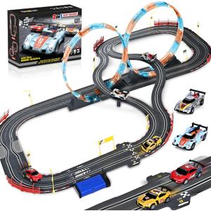 Slot Car Race Track Sets with 4 Slot Cars, 2 in 1 Electric Race Cars Track,Car Tracks,Dual Racing Game Lap Counter Circular Overpass Track, Gift Toy for Boys Kids Ages 6 7 8-12