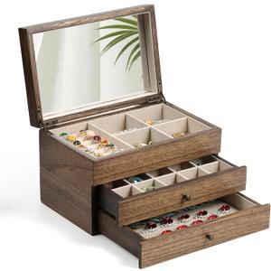 Meangood Jewelry Box Organizer for Women, 3 Layer Large Jewelry Storage Case, Rustic Wooden Jewelry Box with Mirror & Ring Tray for Necklace Earring Bracelets Rings, Vintage Style (Walnut)
