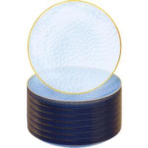 Rubtlamp 60 Pcs Blue Gold Plastic Plates, Hammered Plastic Dessert/Salad Plates, 7-Inch Blue Dessert Platos,Appetizer Platos Disposable Perfect For Wedding