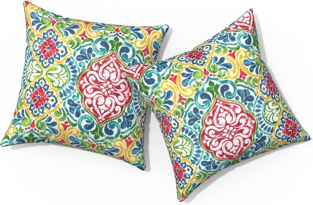 Outdoor Pillows for Patio Furniture 16x16 inch, Square Outdoor Throw Pillows with Inserts, Decorative Patio Pillows for Garden Couch Home Sofa Office Chair, Pack of 2,Damask Red