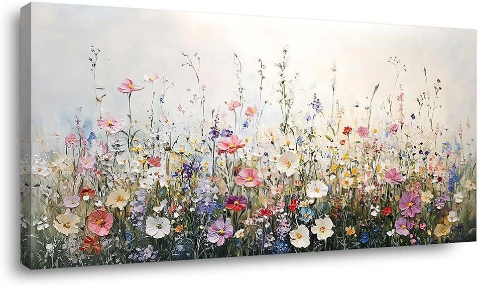 Pastel Wildflower Meadow Canvas Wall Art Colorful Spring Floral Botanical Artwork Soft Nature Canvas Painting Print Gallery Wrapped Decor for Living Room Bedroom Bathroom, 40x20 INCH