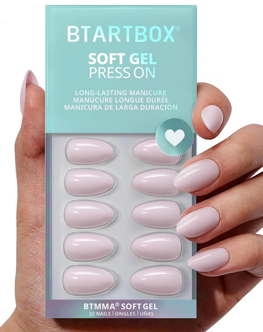 BTARTBOX Press On Nails Almond - Pastel Purple Short Press On Nails with Glue for Women, Opaque Soft Gel Glue On Nails in 16 Sizes - 32 Stick On Nails Kit, Satin Memo