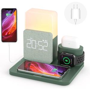 Wireless Charging Station, iPhone 3 in 1 Fast 15W Wireless Charger with Alarm Clock and Night Light, Charging Dock for iPhone 12/13/14/15/16 Pro/Pro Max, Samsung, AirPods (GREEN)