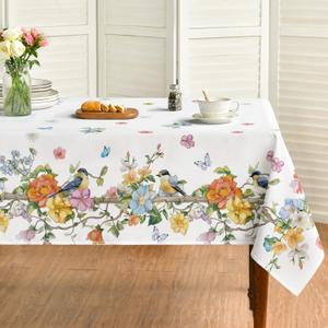 Horaldaily Spring Tablecloth 6084 Inch Rectangular, Fine Brushwork Colorful Rosa Multiflora Bird Butterfly Vine Washable Seasonal Table Cover for Party Picnic Dinner Decor (White)