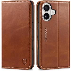 SHIELDON Case for iPhone 16 5G 6.1", Genuine Leather Wallet Flip Magnetic Closure Cover RFID Blocking Credit Card Holder Kickstand TPU Shockproof Case Compatible with iPhone 16 2024 - Retro Brown