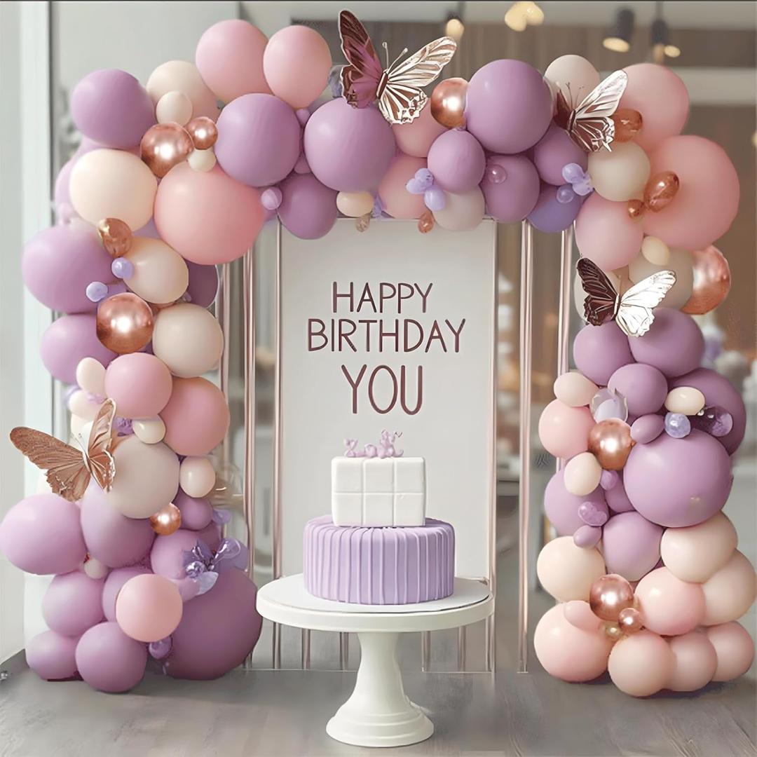 Pink and Purple Balloon Arch Kit, Butterfly Dusty Purple Pink Lavender Sand White Lilac Metallic Rose Gold Latex Balloons for Bridal Wedding Anniversary Engagement Birthday Party Decoration
