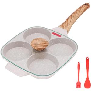 Egg Pan Fried Egg Pan, Egg Frying Pan with Lid Nonstick 4 Cups Pancake Pan Aluminium Alloy Cooker for Breakfast, Gas Stove & Induction Compatible (White)
