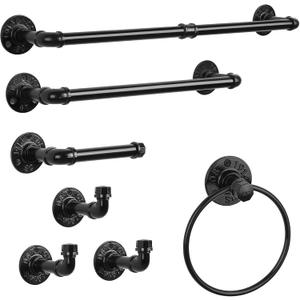 Bathroom Hardware Fixture Set Industrial Towel Bar Sets with Paper Towel Rack Wall Mount Hand Towel Holder Roll Ring Toilet Paper Holder and Pipe Robe Towel Holder Hanger for Farmhouse Home, 7 Pieces