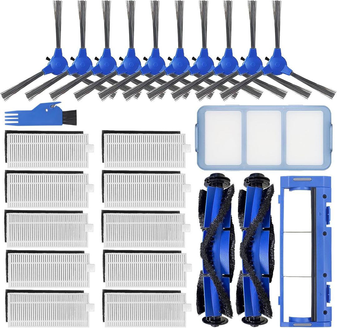 CERO 25 Pack Replacement Parts Compatible with Eufy RoboVac 11S, 25C, 15C, 30, 30C, 12, 35C, 15T Robot Vacuums, 2 Rolling Brushes, 10 Filter Sets, 10 Side Brushes, 1 Pre Filters, 1 Protector Cover