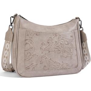 Crossbody Bags for Women,Vegan Leather Crossbody Purse with Adjustable Strap Embossed Flower Women's Shoulder Handbags | Medium, Trendy, Multi Pocket, Hobo Purse, Wide Guitar Strap, Lightweight (06-gray)