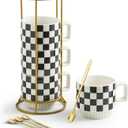 Stackable Coffee Mug Set of 4 with Rack 11 oz Tea Cup Set with Little Spoon for Coffee Tea Cocoa Milk, Checkered Black and White Pattern Coffee Mug for Housewarming Gift