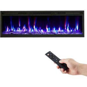 GarveeHome 68 in Electric Fireplace Wall Mounted/Recessed with Remote Control, 4.2 in Ultra-Thin Linear Fireplace Heater 750W/1500W with Timer, 12-Color Flames, Log & Crystal Options