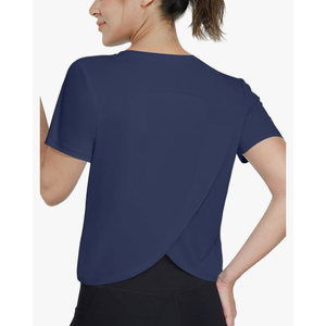 Women's Workout Shirts Short Sleeve Cropped Split Back Athletic Tops Active Running Gym Quick Dry Sun Shirts UPF 50+ L Pack of 2