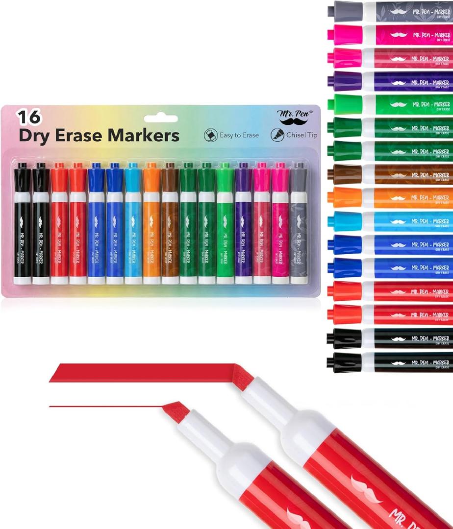 Mr. Pen- Dry Erase Markers, 16 Pack, Assorted Colors, Low Odor Ink, Chisel Tip, White Board Markers Dry Erase, Ideal for Classroom, Back to School Supplies, Teachers, Office, Whiteboard & Home