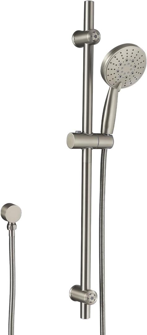 All Metal Brushed Nickel Shower Slide Bar System, 5-Function Handheld Shower Head with Slide bar, 304 Stainless Steel Hose with Brass Outlet Elbow, 32-inch Slide bar, Adjustable Holder Set