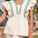 Tankaneo Womens Babydoll Peplum Tops Ruffle Cap Sleeve V Neck Blouse Dressy Cute Summer Pleated Shirts Trendy (Beige, L)