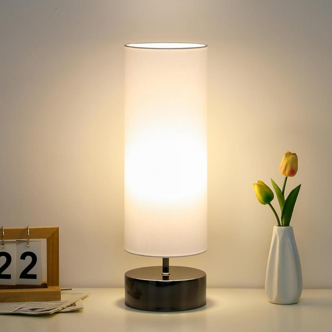 Touch Table Lamp, 3-Way Dimmable Modern Minimalist Accent Bedside Lamp with Cylinder Fabric Shade, Night Light Nightstand Desk Lamp for Bedroom Living Room Kitchen, 9W LED Bulb Included (White Shade with Black Nickel Base)