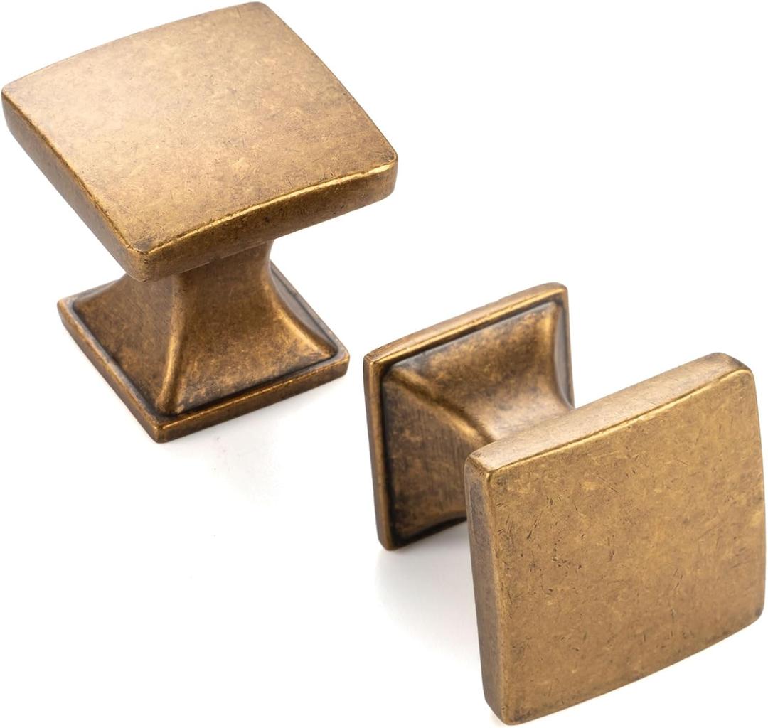 10 Pack 1 Inch, Square Antique Brass Cabinet Knobs Vintage Brass Drawer Knobs Brass Cabinet Pulls, ZK2203 Solid Kitchen Hardware for Cabinets Drawers Bedroom Dresser Bathroom Vanity Cupboard