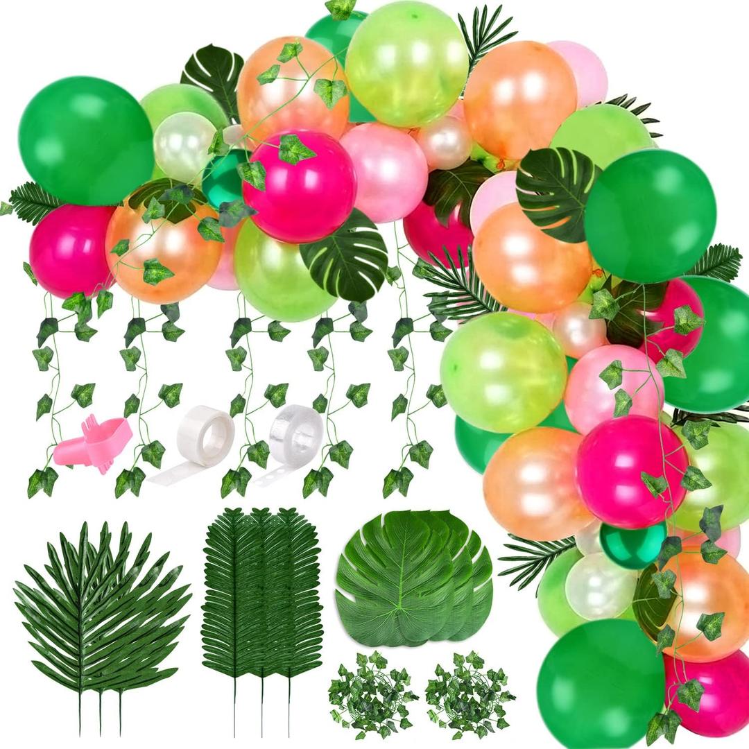 FEPITO 124Pcs Tropical Balloons Garland Kit - Pink Green Balloon Arch With Palm Leaves, Tape Strip, Dot Glue and Tying Tool for Party Decor, Birthday Supplies, 12inch, 10inch, 5inch