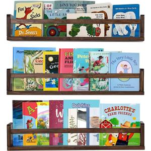 AZSKY Nursery Book Shelves 24 Inch Deep Walnut Floating Bookshelf for Kids Room Wall Mounted Floating Shelves Solid Nursery Bookshelf Perfect Decor for Kitchen Bedroom Living Room Set of 3