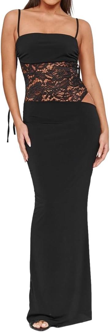 Women's Lace Splicing Cutout Maxi Dress Square Neck Sleeveless Bodycon Long Dress with Sheer Corset (Large, Black)