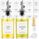 Olive Oil Dispenser Bottle - Includes 55 Kitchen Essential Labels - Cooking Oil Bottles for Kitchen, Coffee Syrup Dispenser - Pourer Spout with 11.8 fl oz Glass Container Cruet - 2pcs Silver