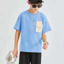 Boys Short Sleeve T Shirts Kids Fashion Crewneck Casual Tees Tops with Flap Chest Pocket 5-14 Years (Blue)