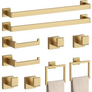 10-Piece Brushed Gold Bathroom Accessories Set 23.6" Towel Bar, Towel Ring, Toilet Paper Holder & Hooks, Wall Mounted Bathroom Hardware, Rust & Corrosion-Resistant, Ideal for Modern Bathrooms