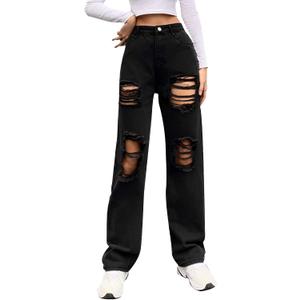 Genleck Women Loose Ripped Boyfriends Jeans High Waist Baggy Denim Pants Distressed Wide Leg Jeans Y2K (Black, XL)