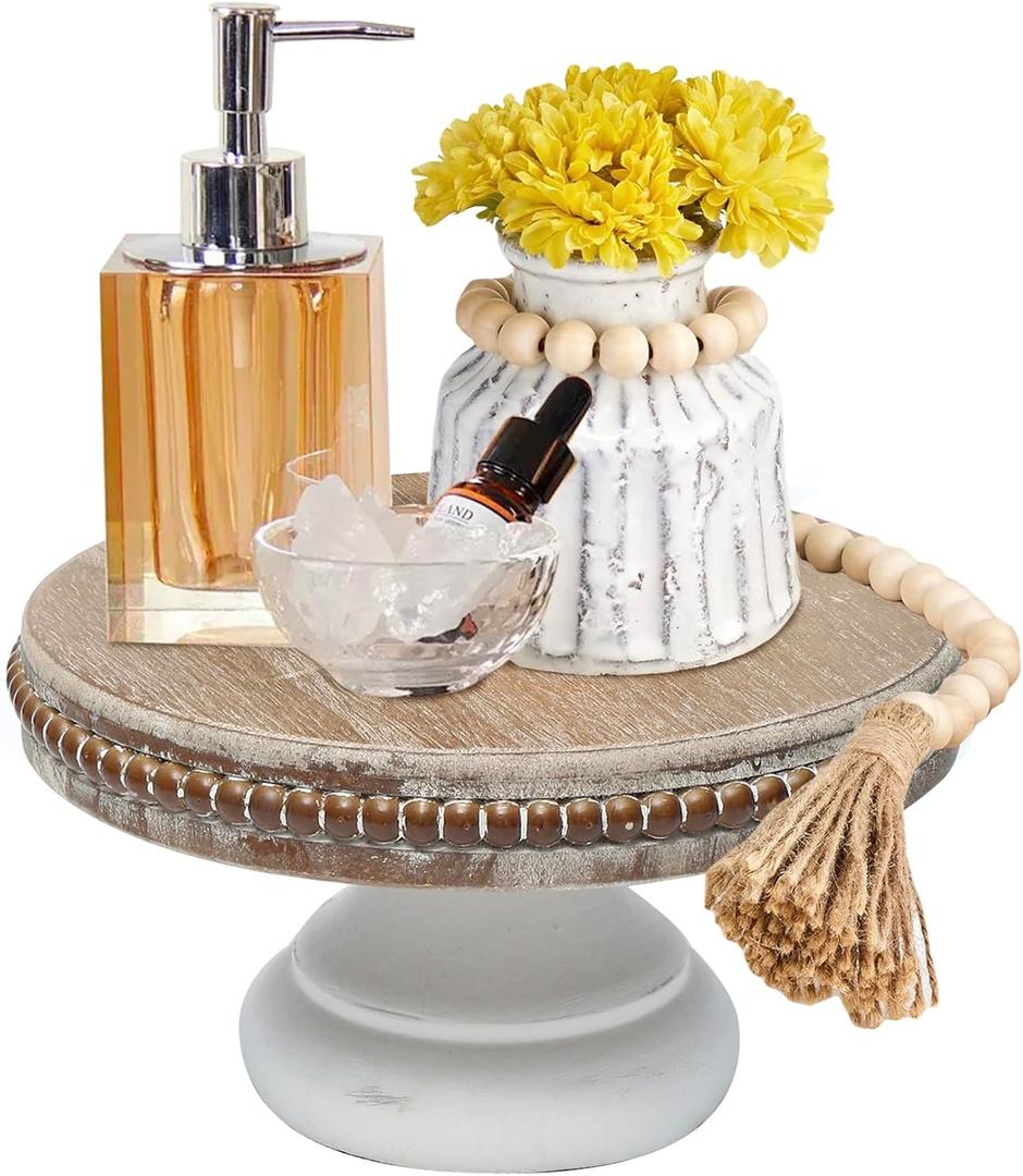 dwellington White Wash Round Display Wood Riser, 8.25 Shabby Chic Pedestal Tray Decor with Beads, Farmhouse Display Stands for Small Items in Coffee Bar, Bathroom, Kitchen Island