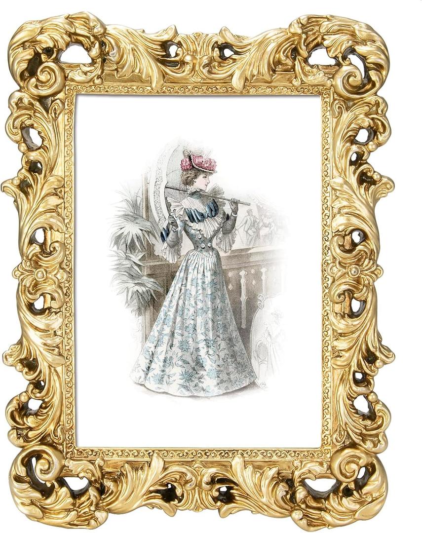 5x7 Picture Frames Vintage Photo Frame with Glass Front Antique Picture Frame for Tabletop Wall Hanging (5x7, Light Golden)