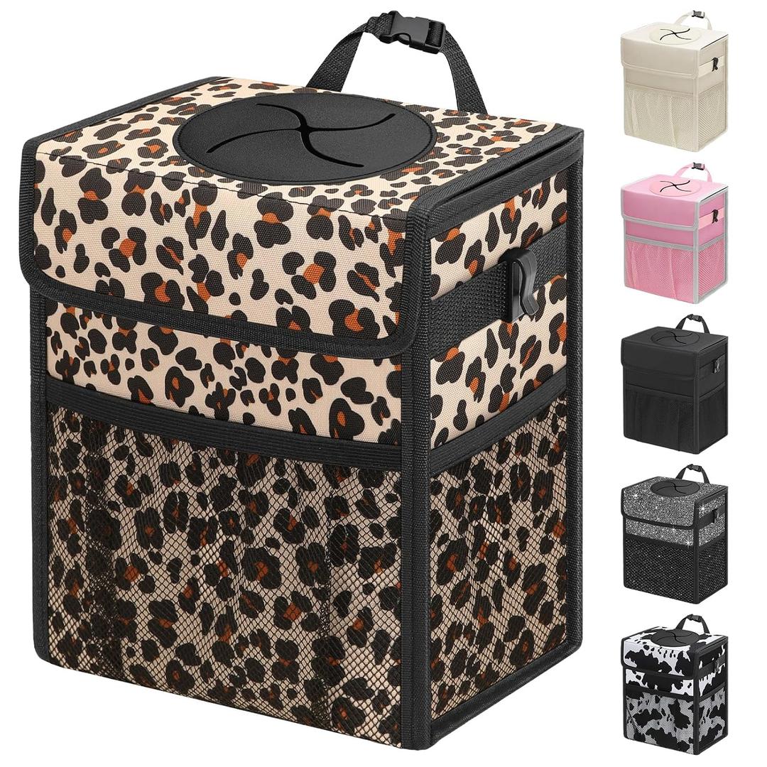 Capolo Car Trash Can with Lid, Leakproof Car Trash Bag Hanging Waterproof Automotive Garbage Can with Storage Pockets Mini Vehicle Trash Bin for Back/Front Seat(Leopard,2.5 Gallon)
