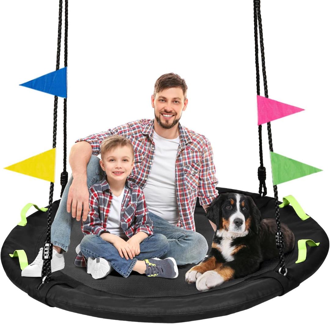 48 inch Tree Swing, Larger Saucer Flying Swing for Whole Family, 900lbs Weight Capacity, with Adjustable Hanging Straps, for Outdoor Backyard, Gifts for Kids, Black