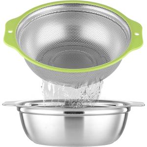 Colander Stainless Steel Microporous, 2QT Rice Strainer with Mixing Bowl, Rice Washer Bowl Set with Handle, Food-Grade Strainers and Colanders for Kitchen, Pasta, Fruit, Dishwasher Safe