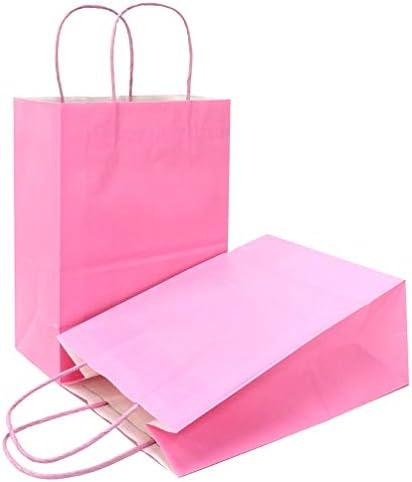 AZOWA Gift Bags Pink Kraft Paper Bags with Handles (5 x 3.1 x 8.2 in, Pink, 12 CT)