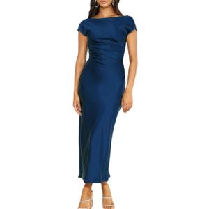 2025 Satin Cap Sleeve Cowl Back Summer Dresses for Women Elegant Ruched Waist Wedding Guest Midi Dress (Medium, Navy)