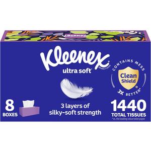 Kleenex Ultra Soft Facial Tissues, 8 Flat Boxes, 180 Tissues per Box, 3-Ply