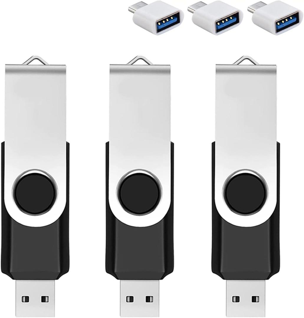 3 Pack 32GB USB Flash Drive with Type C Adapter and Storage Box USB 2.0 High Speed Metal Pen Drive 360 Rotatable Storage Memory Stick for Phone/Pad/PC/Laptop/Android - Black(3-Pack 32GB)