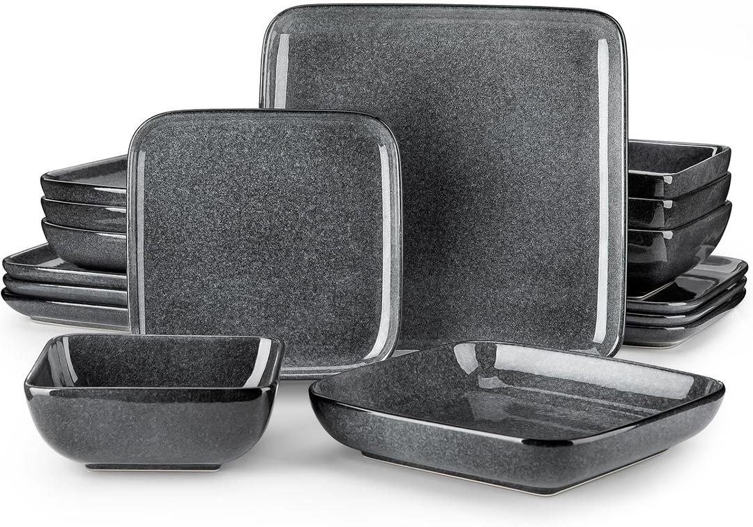 vancasso Stern Gray Dinnerware Set Square Reactive Glaze Tableware 16 Pieces Kitchen Dinnerware Stoneware Crockery Set with Dinner Plate, Dessert Plate, Bowl and Soup Plate Service for 4