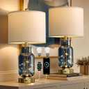 Oneach 22" Glass Table Lamps Set of 2, Blue Modern Bedside Lamp with LED Night Light for Living Room, Nightstand Lamp with USB Ports for Bedrooms, Study Room, End Table(2 Bulbs Included)