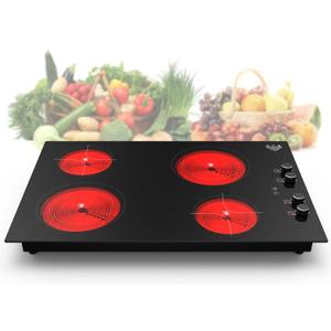 GIHETKUT 4 Burner Electric Cooktop,7200W Built-in & Countertop 4 Burner Electric Stove Top with 9 Power Levels, Child Safety Lock & 99mins Timer, 30 inch Electric Cooktop 220-240V (No Plug)