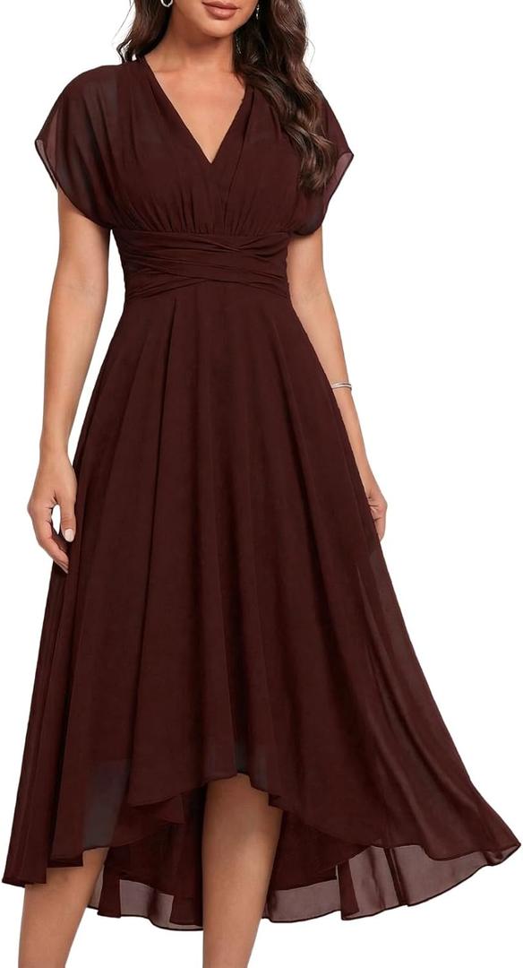 Women's Black Chiffon Dress Ruffle Short Sleeve Formal Dresses 2026 Summer Fashion Sexy Empire Waist Midi Dresses (XL)