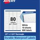 Avery Printable Durable White Rectangle Labels, Sure Feed Technology, 0.5" x 1.75", Waterproof Labels, Laser & Pigment-Based Inkjet Compatible, 800 Total