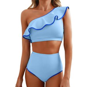 Herseas Women's One Shoulder Bikini Sets Color Block Trim Ruffle Hem Swimsuits Elegant Bathing Suits (Blue, S)