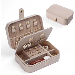 Travel Jewelry Case, PU Leather Jewelry Travel Organizer for Necklace Rings Bracelet Earrings Holder Case Portable Jewelry Boxes for Women, Light Taupe (Small)